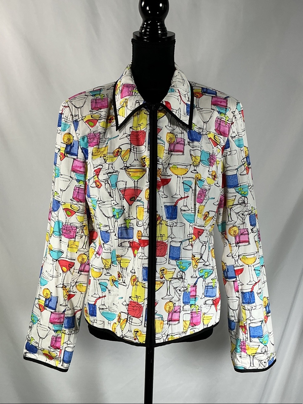 Anthracite White Cocktail-Print Vintage Jacket Black Trim Size 14